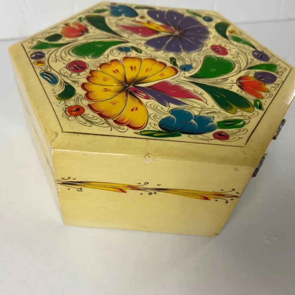 Vintage Floral Hand Painted Wood Trinket Box